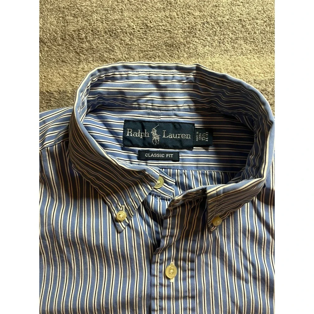Ralph Lauren Mens Blue White Striped Button Down Shirt 15.5 32/33 Preppy Golf